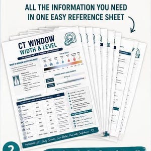 Puede incluir: Una pila de hojas de referencia educativas tituladas CT Window Width & Level, que incluyen diagramas m&eacute;dicos, tablas y texto que explican los ajustes de tomograf&iacute;a computarizada. La hoja superior muestra una escala HU y ajustes comunes.