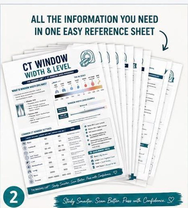 Puede incluir: Una pila de hojas de referencia educativas tituladas CT Window Width & Level, que incluyen diagramas m&eacute;dicos, tablas y texto que explican los ajustes de tomograf&iacute;a computarizada. La hoja superior muestra una escala HU y ajustes comunes.