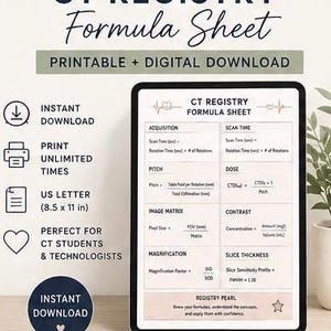 CT-Registry-Formel-Blatt | ARRT Prüfungsstudienführer | CT Technologe Spickzettel | Digitaler Download | Druckbare Referenz