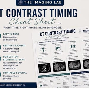 May include: A CT Contrast Timing Cheat Sheet educational document featuring the text THE IMAGING LAB, CT CONTRAST TIMING, and RIGHT TIME. RIGHT PHASE. RIGHT DIAGNOSIS. The document outlines the four main phases of contrast enhancement with diagrams.