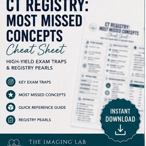 Puede incluir: Un documento educativo blanco titulado CT REGISTRY: MOST MISSED CONCEPTS Cheat Sheet, con texto azul oscuro, viñetas e iconos. Incluye secciones sobre trampas de examen, consejos de registro y una insignia azul oscuro de descarga instantánea.