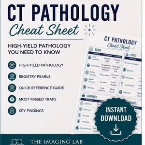 Puede incluir: Una hoja de referencia educativa blanca y azul oscuro titulada ARRT CT REGISTRY CT PATHOLOGY Cheat Sheet. Enumera patologías, perlas de registro y hallazgos clave para escaneos de cerebro, tórax y abdomen. Incluye un icono de descarga.