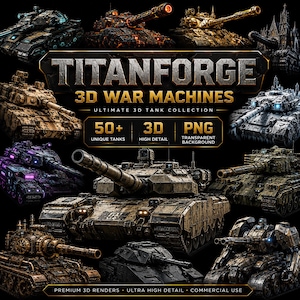 以下が含まれることがあります： TITANFORGE 3D WAR MACHINESと題された50種類以上のユニークな3D戦車モデルのデジタルコレクション。画像には、メタリック、発光、ダークなデザインなど、さまざまなスタイルの装甲戦車が表示されており、高精細なPNGファイルであることを示すテキストが含まれています。