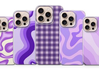 Cover per telefono estetica viola, stile retrò astratto e a quadretti, compatibile con iPhone 17, 16, 15, 14, 13, 12, 11, Samsung S25, S24, S23, Pixel 10, 9, 8, 7, 6