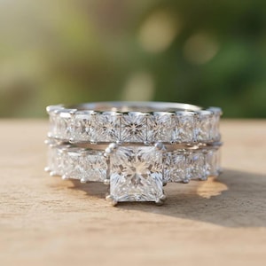 Princess Cut Engagement Ring Set, 925 Sterling Silver Set, Radiant CZ Wedding Band, Matching Anniversary Ring, Double Row Stacking Ring