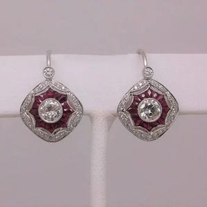 Ruby and Diamond Cluster Drop Earrings, Vintage Style Geometric Earrings, 925 Sterling Silver Antique Jewelry, Statement Dangle Earrings