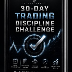 May include: A black workbook titled 30-Day Trading Discipline Challenge by Victory Vault 7. The cover features a metallic checkmark icon, stock market candlestick charts, and five icons for challenge plan, habits tracker, scorecard, risk, and growth.