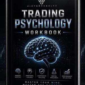 Könnte beinhalten: Ein schwarzes Hardcover-Buch mit dem Titel Trading Psychology Workbook und einer leuchtend blauen Gehirngrafik. Das Cover enthält den Text Victory Vault 7, Mindset Mastery, Emotional Control, Confidence Building, Mental Resilience, Performance Reflection sowie Master Your Mind. Master The Markets.