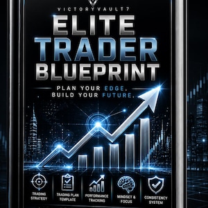 Könnte beinhalten: Ein schwarzes Hardcover-Buch mit dem Titel Elite Trader Blueprint von Victory Vault 7. Das Cover zeigt ein leuchtend blaues, nach oben gerichtetes Balkendiagramm, eine Skyline und fünf Symbole für Handelsstrategie, Plan, Performance, Mindset und Konsistenz.