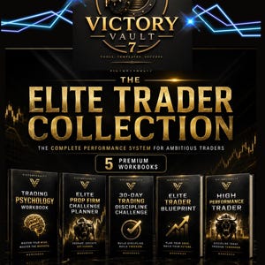 Könnte beinhalten: Eine digitale Produktsammlung mit dem Titel The Elite Trader Collection, bestehend aus fünf schwarz-goldenen Arbeitsbüchern: Trading Psychology, Elite Prop Firm Challenge Planner, 30-Day Trading Discipline Challenge, Elite Trader Blueprint und High Performance Trader.