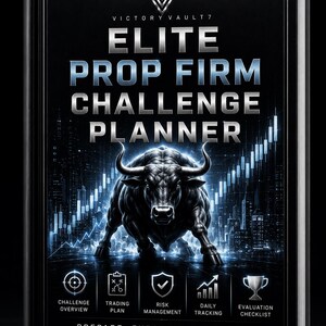 Könnte beinhalten: Ein schwarzes Hardcover-Buch mit dem Titel Elite Prop Firm Challenge Planner, das eine zentrale Abbildung eines Stiers, einen steigenden Aktienmarkt-Graphen und fünf Symbole mit den Bezeichnungen Challenge Overview, Trading Plan, Risk Management, Daily Tracking und Evaluation Checklist zeigt.