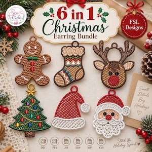 6 Christmas FSL Earring Designs Bundle, Holiday Embroidery (Digital Download)