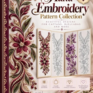 Może przedstawiać: Książka zatytułowana Hand Embroidery Pattern Collection zawierająca 20 eleganckich wzorów z konturami dla kaftanów i dżellab. Okładka przedstawia misterny haft kwiatowy w odcieniach burgundu, zieleni i kremu oraz złote nożyczki.