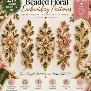 Könnte beinhalten: Ein digitaler Download mit 20 einzigartigen floralen Perlenstickmustern. Das Bild zeigt fünf komplexe Perlenstickereien in Grün-, Weiß- und Rosatönen auf einem Stoffhintergrund, mit dem Text Beaded Floral Embroidery Patterns.