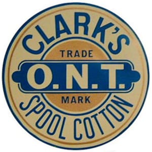 May include: A blue and gold circular logo with the text "Clark's Trade Mark O.N.T. Spool Cotton" in a circular design.