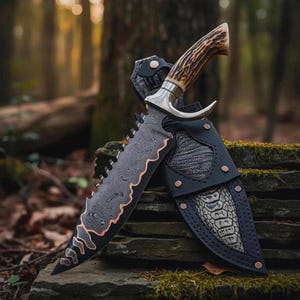 Puede incluir: Un cuchillo de hoja fija con una hoja de acero Damasco estampada con un borde de color cobre, un refuerzo de metal curvado y un mango de asta marrón texturizado. El cuchillo viene con una funda de cuero negro con una incrustación gris.