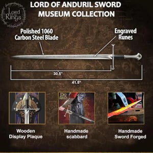 May include: A Lord of the Rings Anduril sword featuring a polished 1060 carbon steel blade, engraved runes, and a crossguard. The blade measures 77.47 cm, with a total length of 105.41 cm. Includes a wooden display plaque and a handmade scabbard.