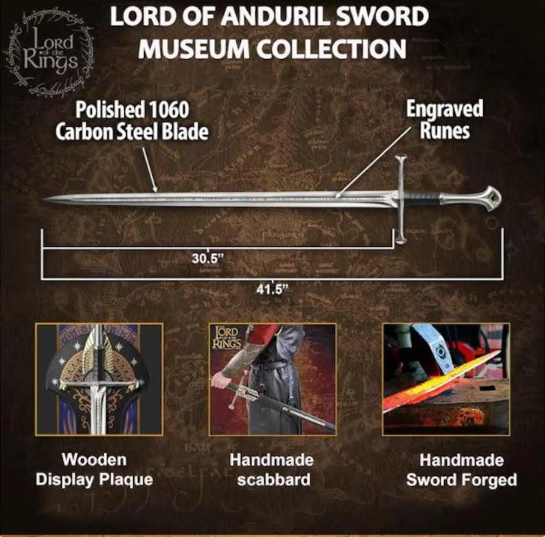 May include: A Lord of the Rings Anduril sword featuring a polished 1060 carbon steel blade, engraved runes, and a crossguard. The blade measures 77.47 cm, with a total length of 105.41 cm. Includes a wooden display plaque and a handmade scabbard.