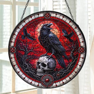 Gothic Raven Suncatcher Skull Window Art Stained Glass Macabre Decor Creepy Spooky Home Gift Blood Red Moon Room Light Catcher