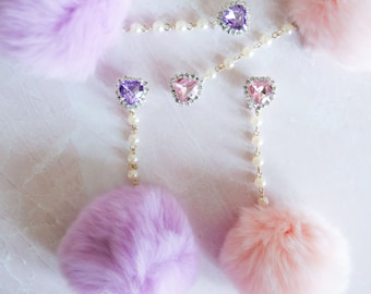 Pick A Pair: Crystal Heart Dangling Pearl PomPom Earrings (Clip-On)