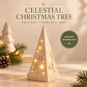 May include: A beige, triangular pottery Christmas tree template with cut-out star shapes and embossed holly leaf designs. The text reads CELESTIAL CHRISTMAS TREE POTTERY TEMPLATE PDF and INSTANT DOWNLOAD. The structure is illuminated from within.