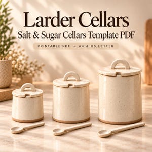 May include: A digital product listing for Larder Cellars Salt & Sugar Cellars Template PDF, printable in A4 & US Letter. The image displays three speckled cream-colored ceramic canisters with matching lids and spoons in varying sizes.