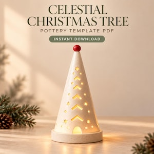 May include: A conical ceramic Christmas tree sculpture with a speckled off-white finish, featuring cut-out star and chevron patterns, a small arched opening at the base, and a red sphere topper. Text reads: CELESTIAL CHRISTMAS TREE POTTERY TEMPLATE PDF.