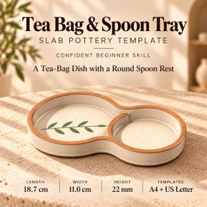 May include: A ceramic tea bag and spoon tray featuring a speckled cream finish with a brown rim and a green leaf graphic. The tray measures 18.7 cm in length, 11.0 cm in width, and 22 mm in height, designed for slab pottery projects.
