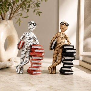 May include: Two standing mummy figurines wearing black round glasses. The left figure is white with black textured wrappings, leaning on a stack of red books. The right figure is tan with brown textured wrappings, leaning on a stack of black books.