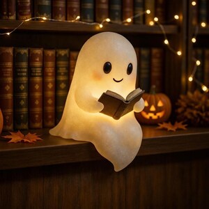 May include: A glowing, translucent, off-white ghost figurine with a smooth, rounded head and small black eyes, sitting while holding a small, open brown book. The ghost has a soft, warm internal light and a gentle, smiling expression on its face.