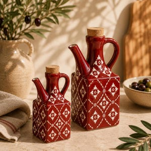 Può includere: Due oliere in ceramica di forma quadrata con smalto rosso intenso e un motivo a reticolo e floreale bianco. Ogni bottiglia presenta un manico curvo, un beccuccio stretto e un tappo cilindrico in sughero, formando un set coordinato.