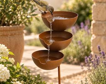 Baño de pájaros de metal de 3 niveles, bebedero para pájaros de jardín, comedero para pájaros con recolector de lluvia, decoración rústica de jardín, bebedero para pájaros con estaca, bebedero para abejas