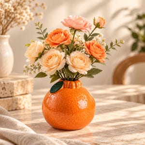 Puede incluir: Un jarrón de cerámica naranja texturizado con forma de cítrico y una hoja verde única unida al borde. El jarrón contiene un arreglo de flores artificiales en tonos melocotón, crema y naranja, acentuado con pequeñas flores blancas.
