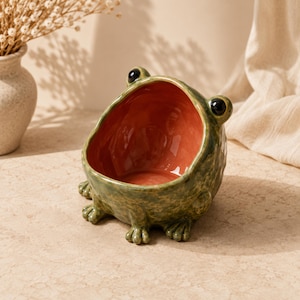 Könnte beinhalten: Eine Keramikschale in Froschform mit einer strukturierten, gesprenkelten grünen Außenseite und einer glatten, einfarbig orangefarbenen Innenseite. Der Frosch hat zwei markante schwarze Augen oben und vier kleine Füße an der Basis, die ein offenes Gefäß bilden.