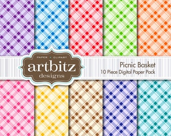 Picnic Basket 10 Piece Digital Scrapbook Paper Pack, 12"x12", 300 dpi .jpg, Instant Download!