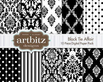 Black Tie Affair Damask 10 Piece Digital Scrapbooking Paper Pack, 12"x12", 300 dpi .jpg, Instant Download!