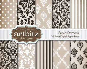Sepia Damask 10 Piece Digital Scrapbooking Paper Pack, 12"x12", 300 dpi .jpg, Instant Download!