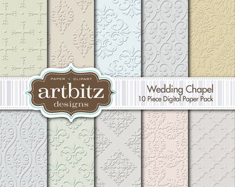 Boda capilla Damasco 10 pieza realza textura paquete de papel de Scrapbooking Digital, 12 "x 12", 300 dpi jpg, descarga inmediata!