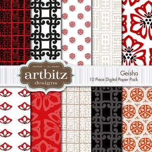 May include: A digital paper pack with 10 different patterns in red, black, white, and beige. The patterns include geometric shapes, flowers, and Chinese characters. The pack is titled "Geisha 10 Piece Digital Paper Pack".