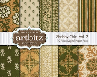 Shabby Chic, Vol. 2, 10 Piece Distressed Digital Scrapbooking Paper Pack, 12"x12", 300 dpi .jpg, Instant Download!