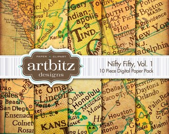 Nifty 50, Vol. 1, 10 piezas paquete de papel de Scrapbooking Digital de elemento de mapa, 12 "x 12", 300 dpi jpg, descarga inmediata!
