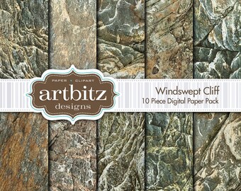 Windswept Cliff, 10 Piece Rock Texture Digital Scrapbooking Paper Pack, 12"x12", 300 dpi .jpg, Instant Download!