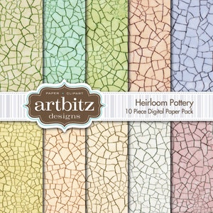 May include: A digital paper pack with 10 different patterns featuring a cracked, textured background in various colors, including blue, green, yellow, pink, and brown. The text "Heirloom Pottery 10 Piece Digital Paper Pack" is displayed on the image.