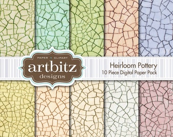 Heirloom Pottery, 10 Piece Digital Crazed Glaze Scrapbooking Paper Pack, 12"x12", 300 dpi .jpg, Instant Download!