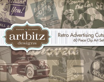 60 pieza Retro publicidad cortes Clip Art Kit, 300 dpi .jpg y .png