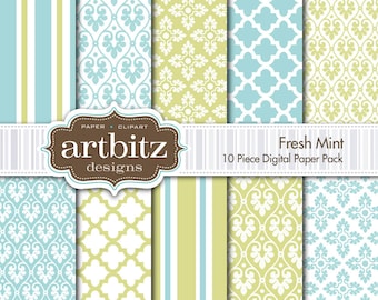 Menta fresca Damasco 10 piezas paquete de papel de Scrapbooking Digital 12 "x 12", jpg de 300 dpi, descargar instantánea!