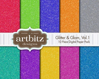 Glitter & Glam, 10 Piece Sparkle Texture Digital Scrapbook Paper Pack, 12"x12", 300 dpi .jpg, Instant Download!