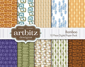 Bambú 50 10 moderna pieza atómica Scrapbooking Digital paquete de papel, 12 "x 12", 300 dpi jpg, descarga inmediata!