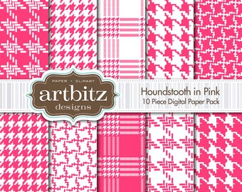 Pata de gallo rosa paquete de papel de Scrapbooking Digital 10 pieza, 12 "x 12", 300 dpi jpg, descarga inmediata!