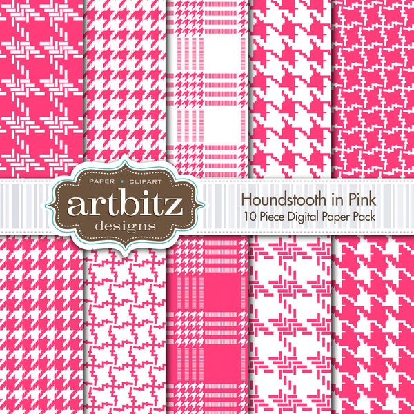 Houndstooth in Pink 10 Piece Digital Scrapbooking Paper Pack, 12"x12", 300 dpi .jpg, Instant Download!